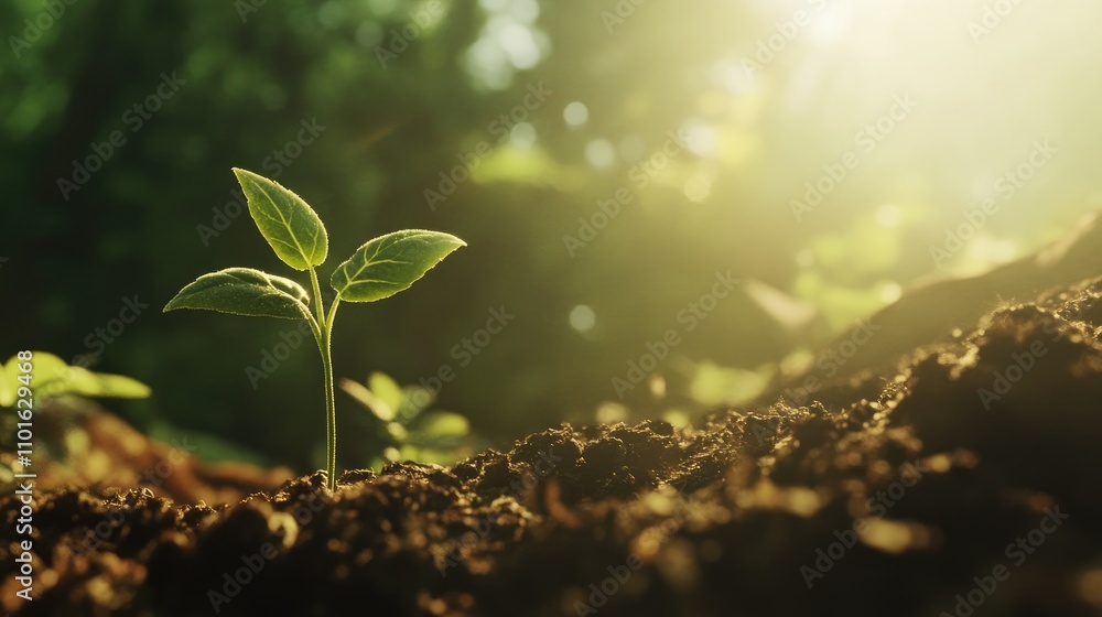 Young plant sprouting from rich soil illuminated by warm morning sunlight, symbolizing growth, green living, and ecological balance in a garden setting. Young plant sprouting from rich soil illuminated by warm morning sunlight, symbolizing growth, green living, and ecological balance in a garden setting.