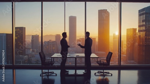 Two executives having a discussion in a boardroom, with a city skyline visible through the large windows