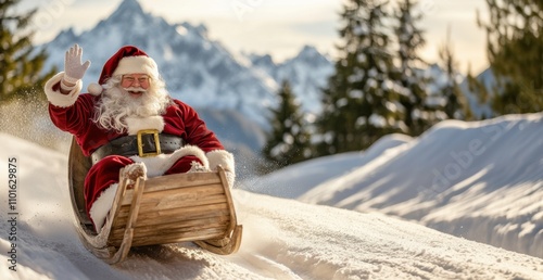 Santa Claus enjoys a sleigh ride in a snowy mountain landscape