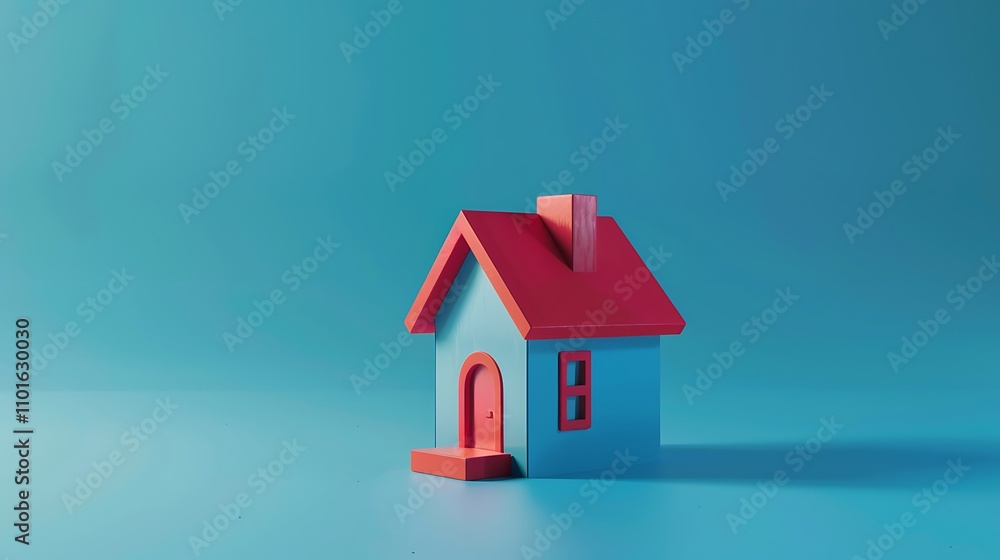 A colorful, stylized toy house with a red roof and blue walls, set against a blue background. A colorful, stylized toy house with a red roof and blue walls, set against a blue background.