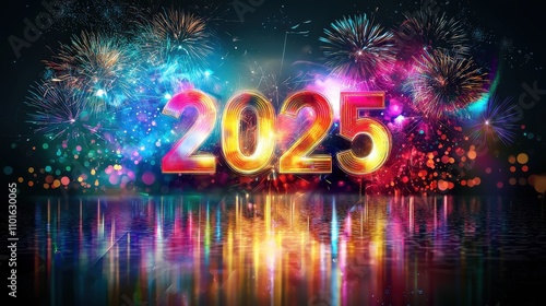 Vibrant 2025 celebration with colorful fireworks lighting up the night sky, reflecting on water, creating a festive and joyful atmosphere, Ai Generation