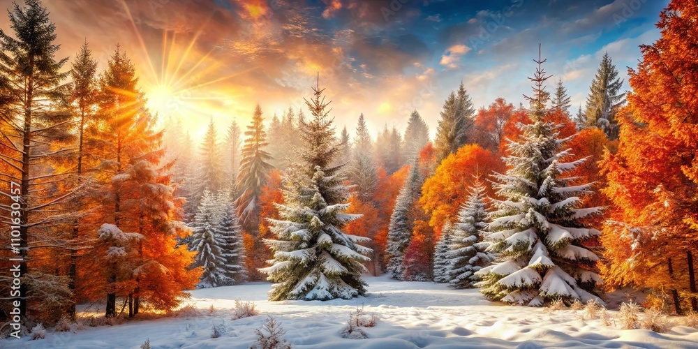A breathtaking winter sunrise illuminates a snow-covered forest with vibrant autumnal foliage A breathtaking winter sunrise illuminates a snow-covered forest with vibrant autumnal foliage