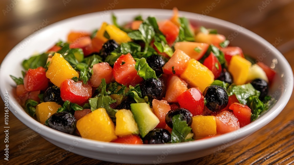 Vibrant fruit and vegetable salad with leafy greens, juicy tomatoes, sweet mango, and black olives in a white bowl. Vibrant fruit and vegetable salad with leafy greens, juicy tomatoes, sweet mango, and black olives in a white bowl.