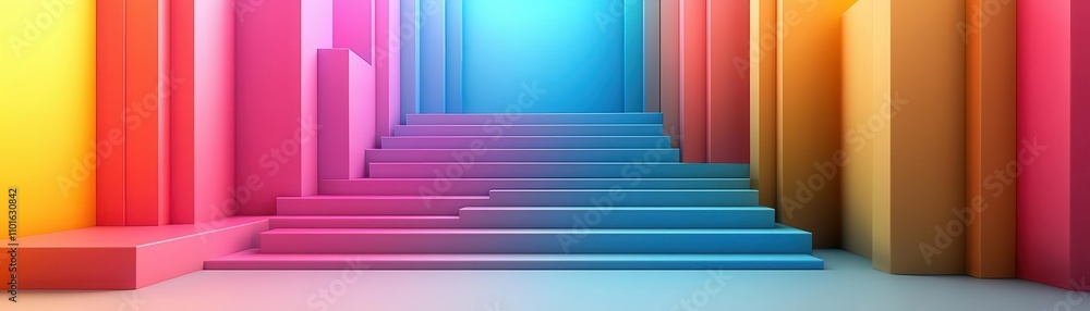 A vibrant, abstract scene featuring colorful geometric shapes and steps leading towards a bright light, creating a sense of depth and perspective. A vibrant, abstract scene featuring colorful geometric shapes and steps leading towards a bright light, creating a sense of depth and perspective.