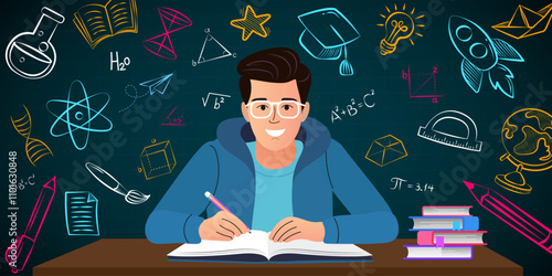 Male student reading a book at a desk with a green chalkboard in the background, featuring colorful education-themed elements like icons and doodles. Perfect for learning and back-to-school themes.
