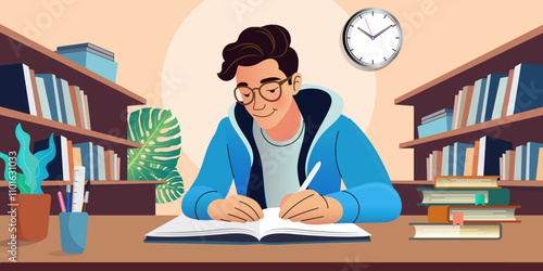 Male student sitting at a library desk, focused on writing in a notebook, surrounded by books and a cozy study environment. Perfect for education and learning concepts. vector 