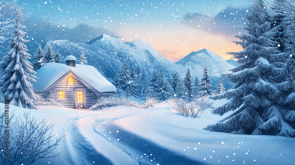 Snow-covered cabin in a tranquil winter forest with glowing windows and majestic mountain backdrop Snow-covered cabin in a tranquil winter forest with glowing windows and majestic mountain backdrop