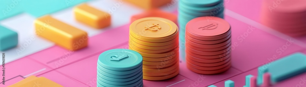A colorful arrangement of 3D coins and bars on a vibrant background, depicting a playful take on finance or gaming concepts. A colorful arrangement of 3D coins and bars on a vibrant background, depicting a playful take on finance or gaming concepts.