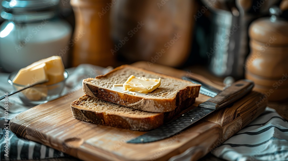 A wooden cutting board with two slices of bread and a pat of butter, accompanied by a knife, creating a cozy kitchen scene. A wooden cutting board with two slices of bread and a pat of butter, accompanied by a knife, creating a cozy kitchen scene.