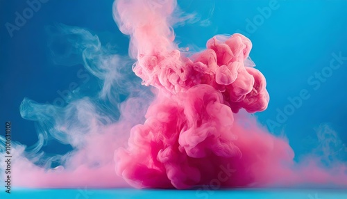 Vibrant puffs of pink smoke floating against a striking blue background, captured in a bold and colorful style emphasizing dynamic contrast and ethereal, abstract artistic visuals. photo