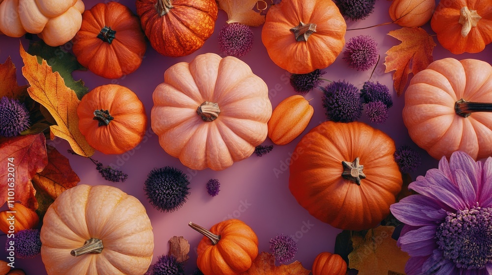 Autumn pumpkins and gourds in a vibrant flat lay with orange and purple flowers, perfect for seasonal decor and banners with ample copyspace. Autumn pumpkins and gourds in a vibrant flat lay with orange and purple flowers, perfect for seasonal decor and banners with ample copyspace.