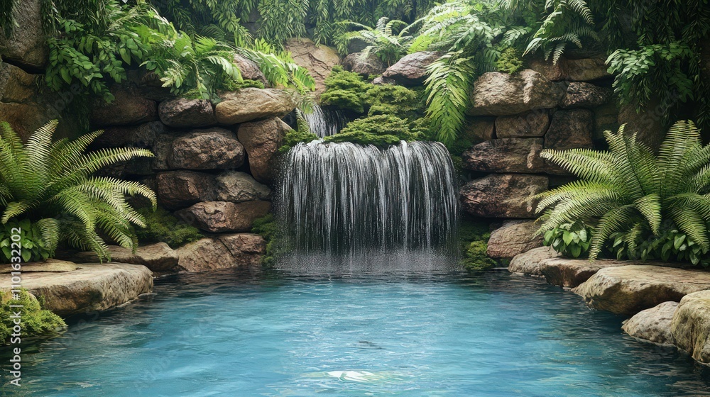 Naklejka premium Cascading waterfall flows into a clear turquoise pool surrounded by vibrant green tropical foliage perfect for spa or eco-tourism promotion.