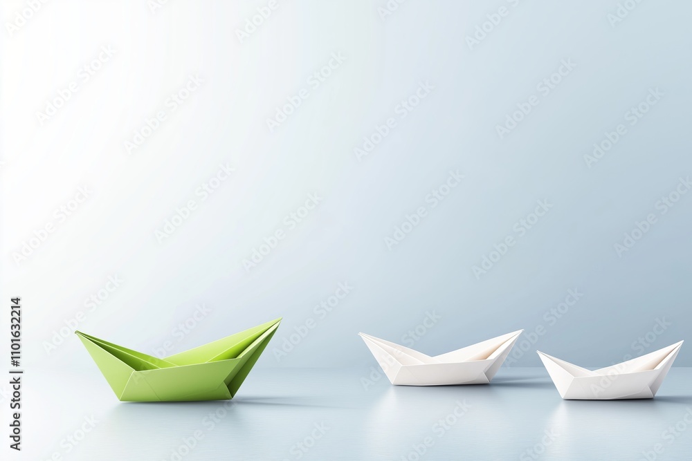 Naklejka premium Green paper boat leading white boats on calm blue surface