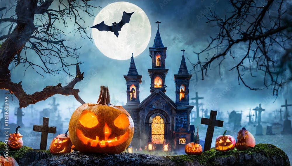 Terrifying Pumpkin Zombie Rising from a Graveyard Amid Tombstones and a Haunted Church in a Spooky, Dark Night Illuminated by an Eerie Moonlight – Halloween-Themed Chilling Horror Scene Terrifying Pumpkin Zombie Rising from a Graveyard Amid Tombstones and a Haunted Church in a Spooky, Dark Night Illuminated by an Eerie Moonlight – Halloween-Themed Chilling Horror Scene