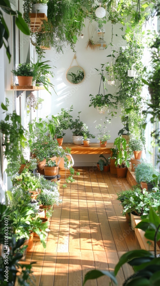 Naklejka premium A serene indoor garden filled with various plants, creating a peaceful and refreshing atmosphere.