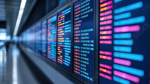 A digital display board at an airport shows flight information in vibrant colors, indicating arrivals and departures.