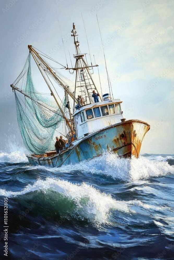 Obraz premium Fishing trawler battling stormy ocean waves.