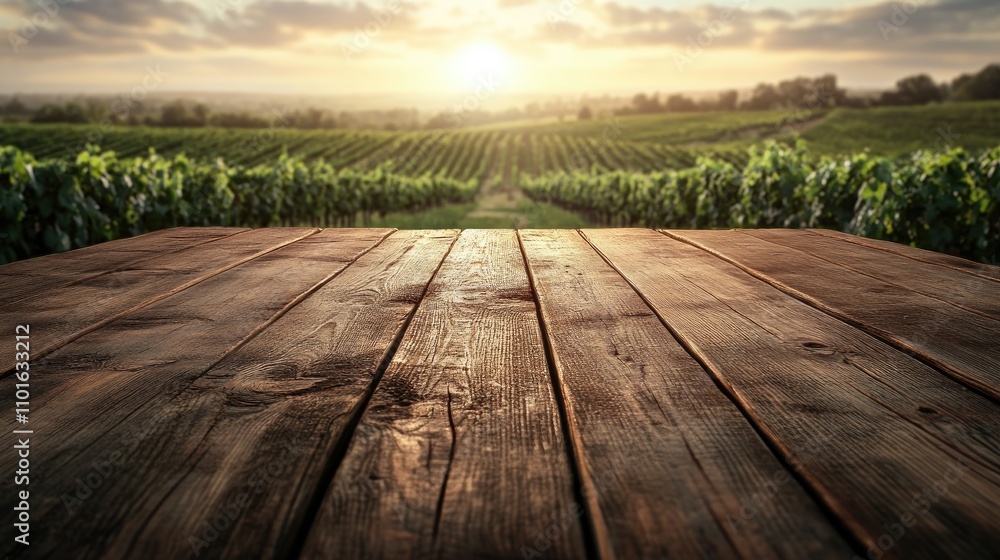 Empty rustic wooden tabletop in front of a blurred vineyard landscape at sunset, perfect for product display related to agriculture and wine tasting. Empty rustic wooden tabletop in front of a blurred vineyard landscape at sunset, perfect for product display related to agriculture and wine tasting.