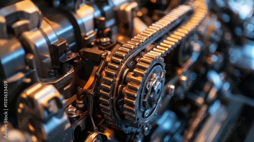 Fototapeta premium Close-up of a car engine's internal components, including pistons and timing chain. The detailed shot captures the precision and intricate design of the engine's moving parts.