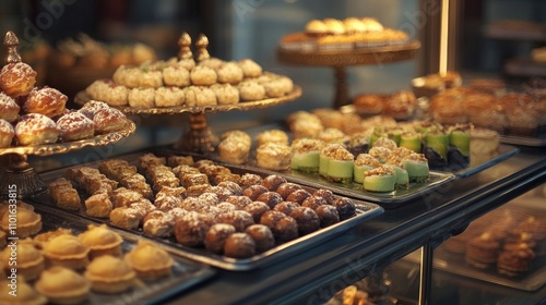 Bakery display showcasing an exquisite assortment of oriental sweets and desserts, including ballava and rich, colorful pastries on elegant trays.