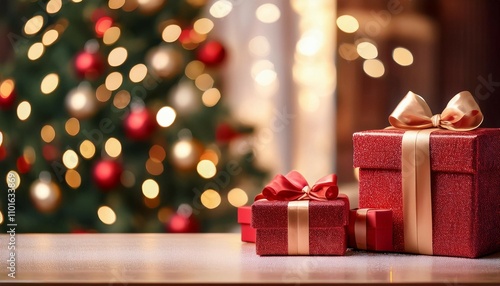 Wallpaper Mural festive red christmas presents on podium with blurred tree background Torontodigital.ca