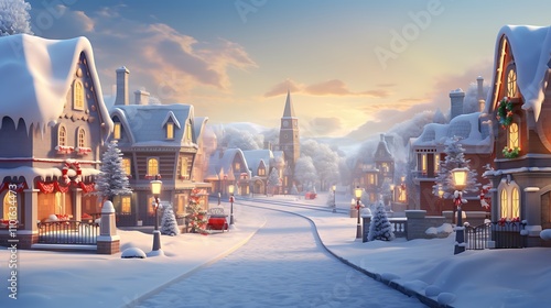 A charming village square alive with the twinkle of Christmas lights, as families gather to share warmth and joy on a snowy evening