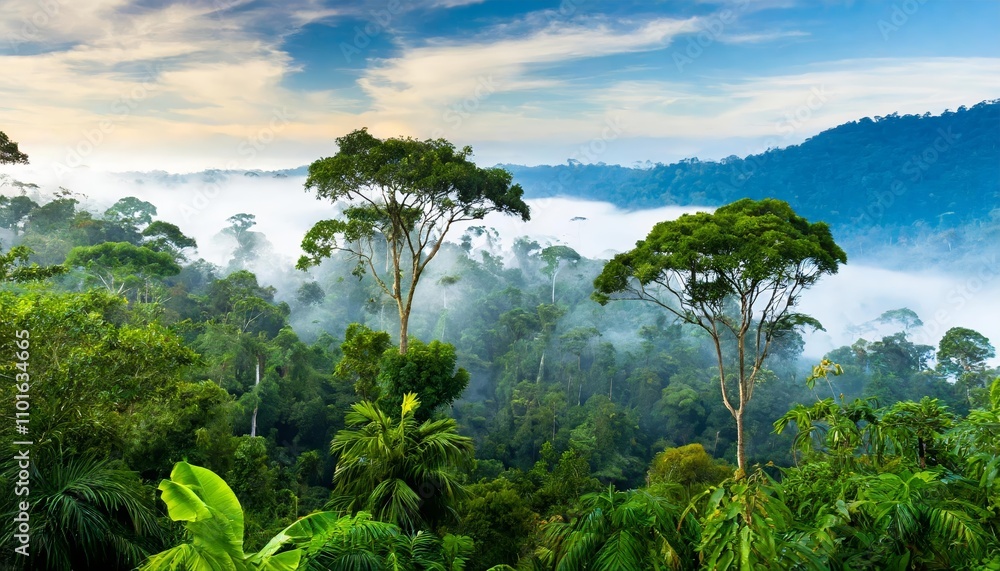 Rainforest Landscape with Trees and Fog Depicting Themes of Conservation, Climate Change Awareness, Renewable Energy Initiatives, and the Urgency to Preserve Ecosystems for Future Rainforest Landscape with Trees and Fog Depicting Themes of Conservation, Climate Change Awareness, Renewable Energy Initiatives, and the Urgency to Preserve Ecosystems for Future