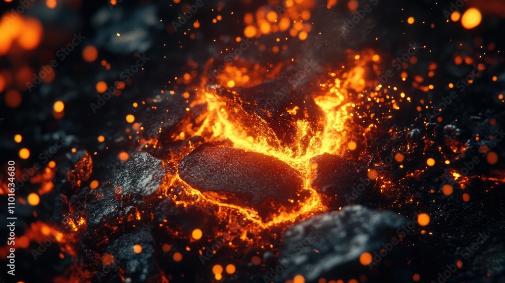The fiery intensity of a metal forging process, showing glowing molten metal being hammered and shaped under extreme heat The fiery intensity of a metal forging process, showing glowing molten metal being hammered and shaped under extreme heat