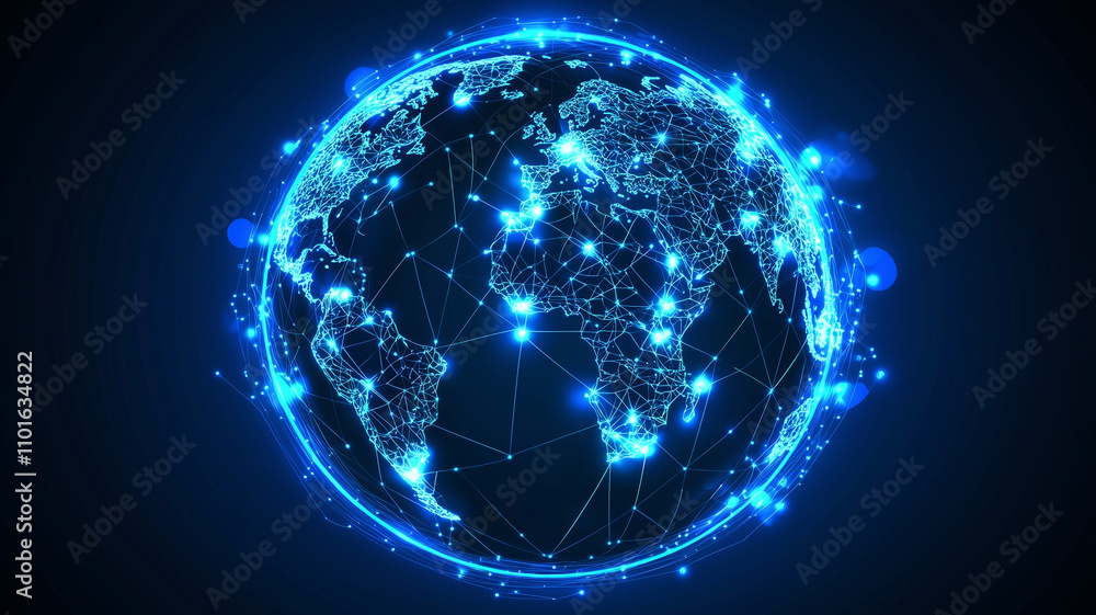 stylized Earth illuminated by glowing neon networks, showcasing interconnected continents and vibrant lights. This represents global connectivity and technology stylized Earth illuminated by glowing neon networks, showcasing interconnected continents and vibrant lights. This represents global connectivity and technology