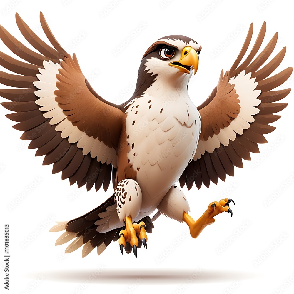 A cartoon falcon flying with wings spread on a white background.
A cartoon falcon flying with wings spread on a white background.