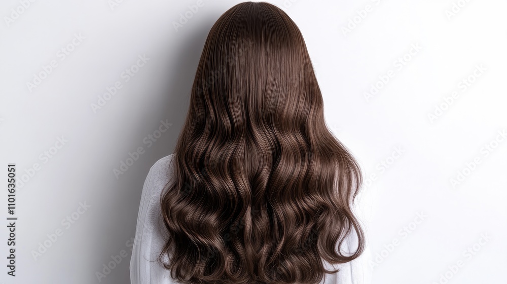 Naklejka premium Chocolate brown wig with wavy texture displayed on a white background, showcasing women's beauty and hair styling options.