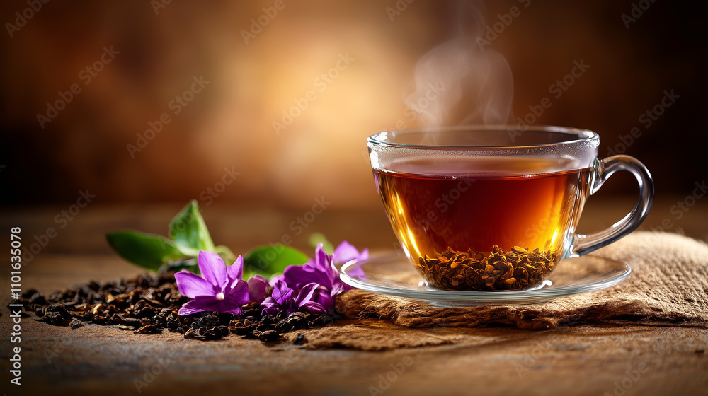 Steaming glass cup of black tea with loose tea leaves and purple flowers on a rustic wooden table Steaming glass cup of black tea with loose tea leaves and purple flowers on a rustic wooden table