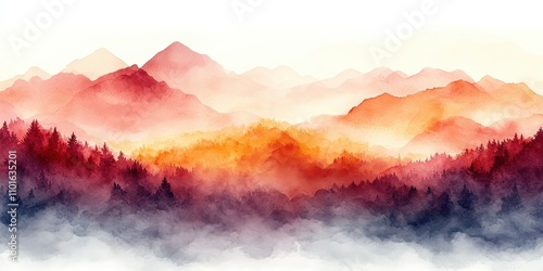 Serene Sunset Landscape with Soft Watercolor Mountains and Forests in Warm Hues of Orange, Red, and Purple, Evoking Calm and Tranquility in Nature photo