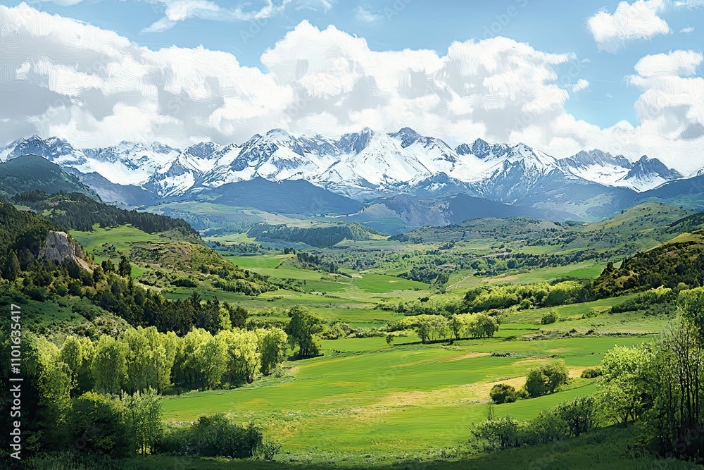 Snow-capped mountains overlook verdant valley. Snow-capped mountains overlook verdant valley.