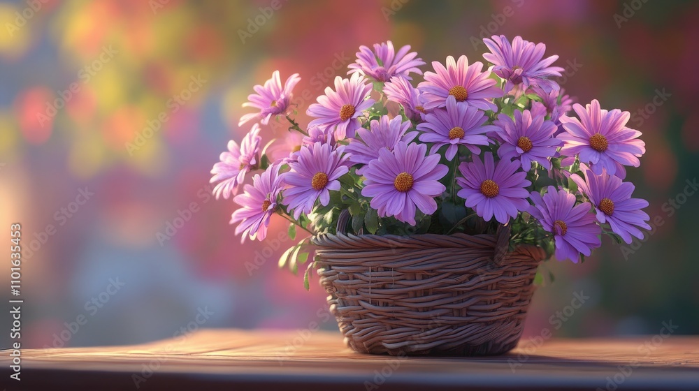 Vibrant purple daisies arranged in a natural wicker basket, elegantly displayed on a wooden table with a soft, blurred garden background. Vibrant purple daisies arranged in a natural wicker basket, elegantly displayed on a wooden table with a soft, blurred garden background.