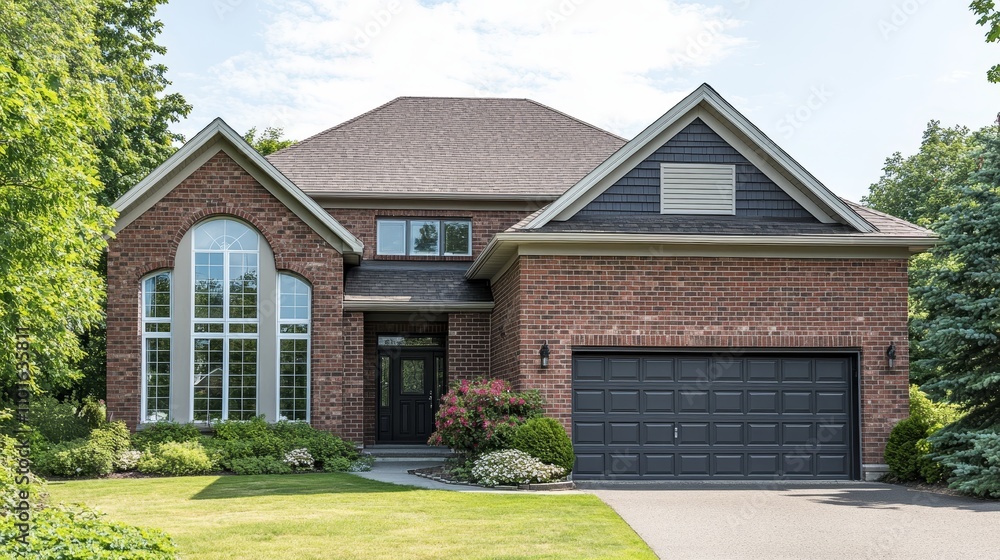 A modern brick house with large windows and a landscaped front yard. A modern brick house with large windows and a landscaped front yard.