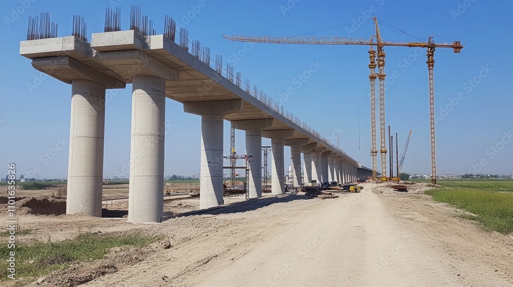 Concrete bridge pillars and cranes on a construction site for the China high-speed railway, set against a blue sky Concrete bridge pillars and cranes on a construction site for the China high-speed railway, set against a blue sky