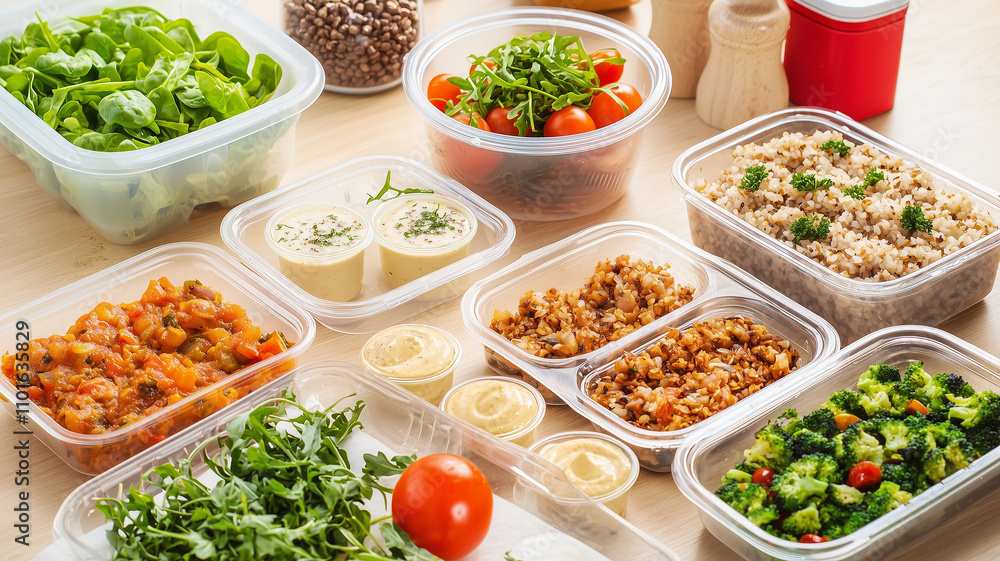 Fresh and healthy meal prep featuring portion controlled dishes, including salads, grains, and vegetables, perfect for balanced eating Fresh and healthy meal prep featuring portion controlled dishes, including salads, grains, and vegetables, perfect for balanced eating