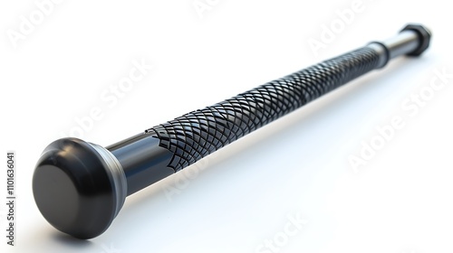 A police baton with a textured grip, lying on a white background.
