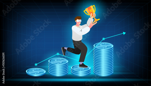 A man in VR goggles with a trophy runs up a growth chart of glowing coins. A futuristic concept for success in fintech, cryptocurrency investment, the metaverse, and virtual business. 