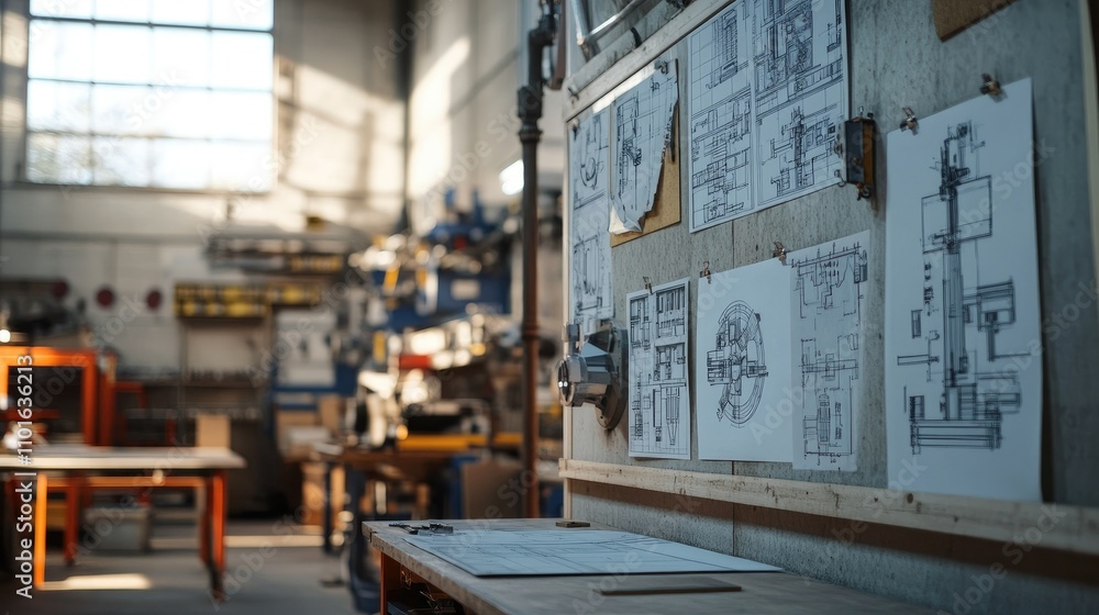 Wide shot of a workshop with technical blueprints of complex machinery pinned on the wall, highlighting the engineering and design process. Wide shot of a workshop with technical blueprints of complex machinery pinned on the wall, highlighting the engineering and design process.