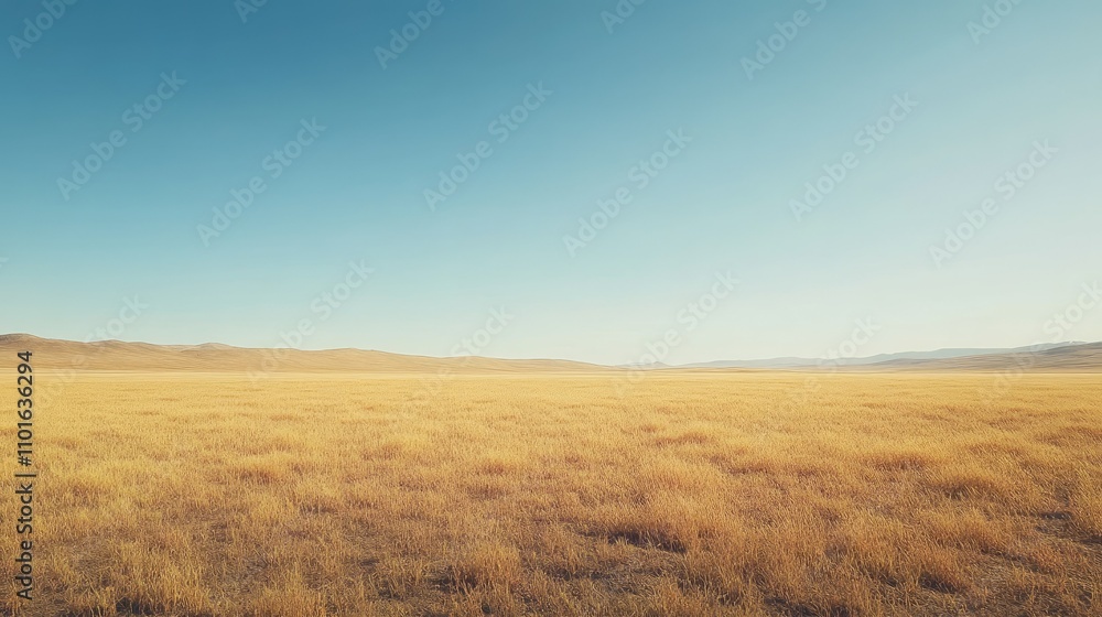 Wide view of golden wheat fields stretching across the land, a calm and serene atmosphere under a clear, cloudless sky. Wide view of golden wheat fields stretching across the land, a calm and serene atmosphere under a clear, cloudless sky.
