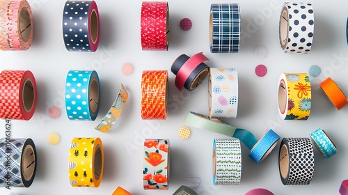 A variety of washi tape rolls with different patterns against a solid white background