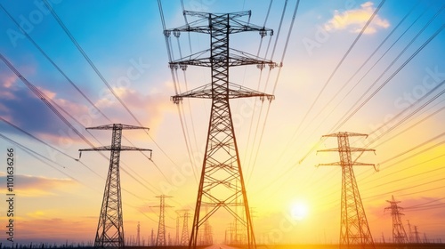 Stunning Sunset Overhead View of Transmission Power Lines Against a Colorful Sky with Radiant Sunlight and Cables Stretching into the Horizon