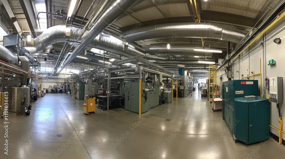 Fototapeta premium Wide-angle view of an industrial facility with advanced ductwork design running across the ceiling, filled with mechanical systems and machinery.