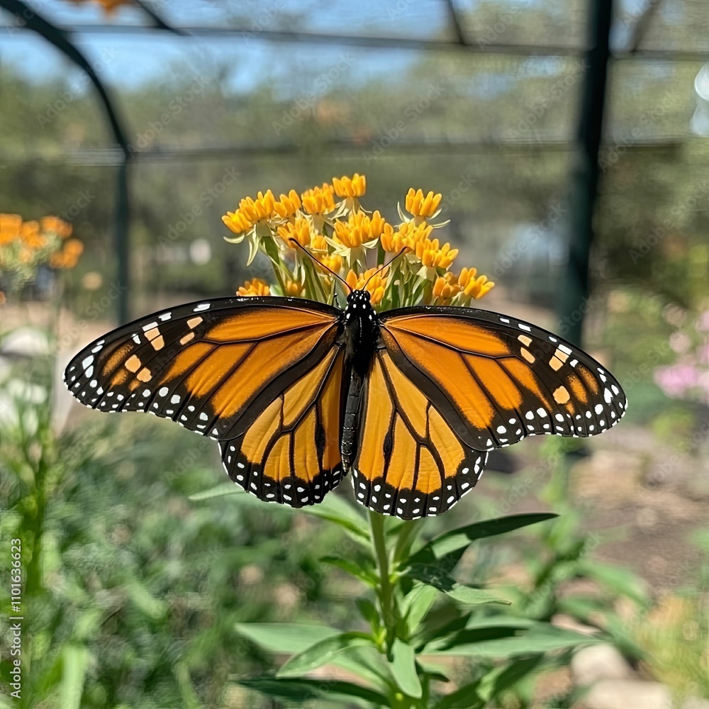 Fototapeta premium Monarch butterfly on yellow flowers.
