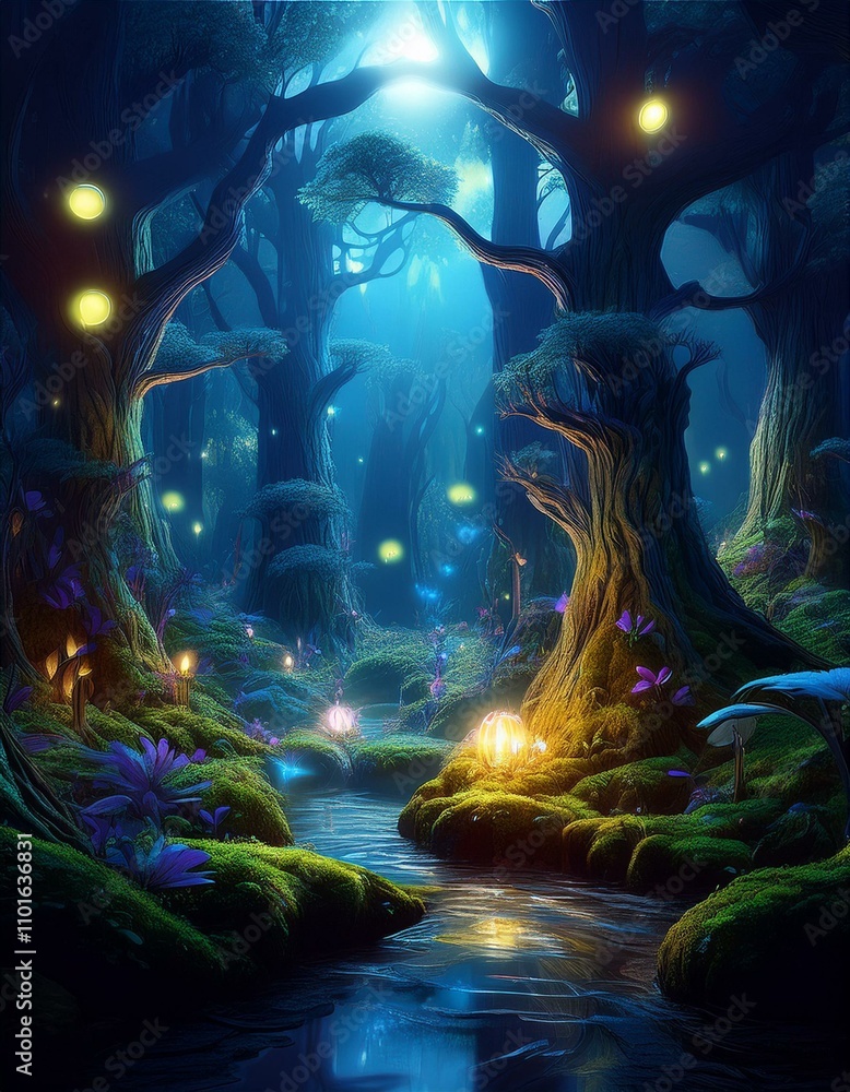 Obraz premium 月明かりに照らされた魔法の森。光り輝く妖精や神秘的な動物のような幻想的な生き物が、きらきらと輝く苔に覆われた古木の間を歩き回っています。この光景は、別世界でありながらも魅力的に感じられ