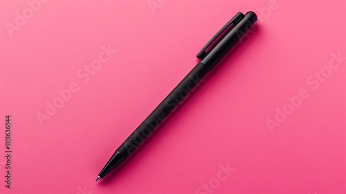 A sleek black pen on a solid pink background