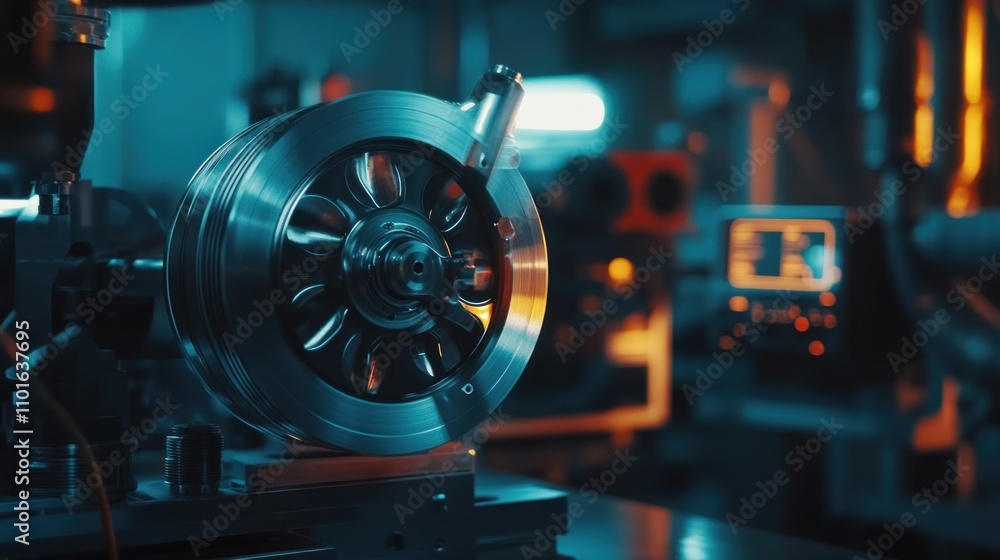 Fototapeta premium Detailed shot of a turbocharger rotor on a balancing machine, with calibration sensors and displays highlighting precise adjustments. The focus is on accuracy in turbo repair and maintenance.