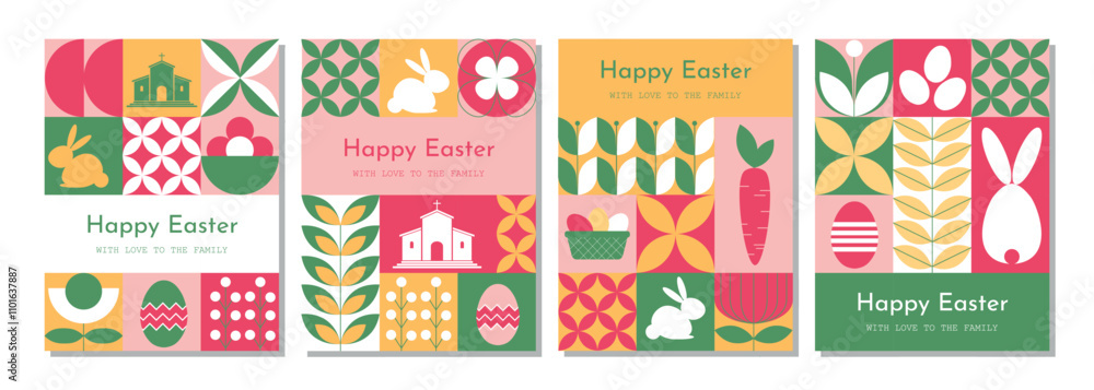 Set of modern Happy Easter banners with geometric shapes in abstract, trendy minimalist style. Perfect for holiday decor and design. Set of modern Happy Easter banners with geometric shapes in abstract, trendy minimalist style. Perfect for holiday decor and design.